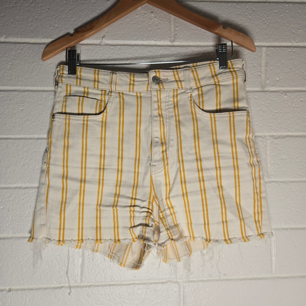 Pilcro Womens High Rise Striped Denim Shorts 29 Raw Hem Cutoff Boho Maximalist